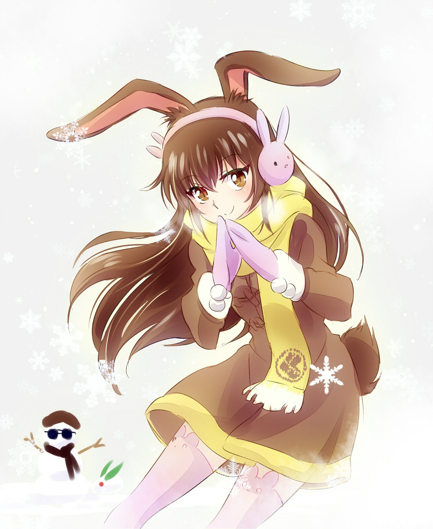 animal_ears beret brown_eyes brown_hair bunny_ears bunny_girl bunny_tail coat coco_adel commentary_request earmuffs hat highres iesupa mittens multiple_girls rwby scarf snowman sunglasses tail velvet_scarlatina