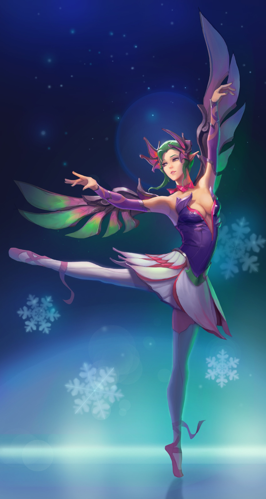 1girl aqua_hair arms_up bare_shoulders blue_background breasts choker dancing dress elbow_gloves fairy_wings full_body gloves hair_bun hair_ornament highres leg_ribbon li_moly light_particles looking_to_the_side mechanical_wings medium_breasts mercy_(overwatch) miniskirt outstretched_arms overwatch parted_lips pointy_ears purple_dress purple_eyes purple_gloves purple_ribbon ribbon ribbon_choker skirt sleeveless sleeveless_dress smile snowflakes solo standing standing_on_one_leg sugar_plum_fairy_mercy thighhighs wings