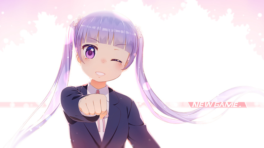 blush copyright_name eyebrows_visible_through_hair flower hair_flower hair_ornament long_hair looking_at_viewer new_game! parted_lips purple_eyes purple_hair smile solo suzukaze_aoba tearing_up twintails zimajiang