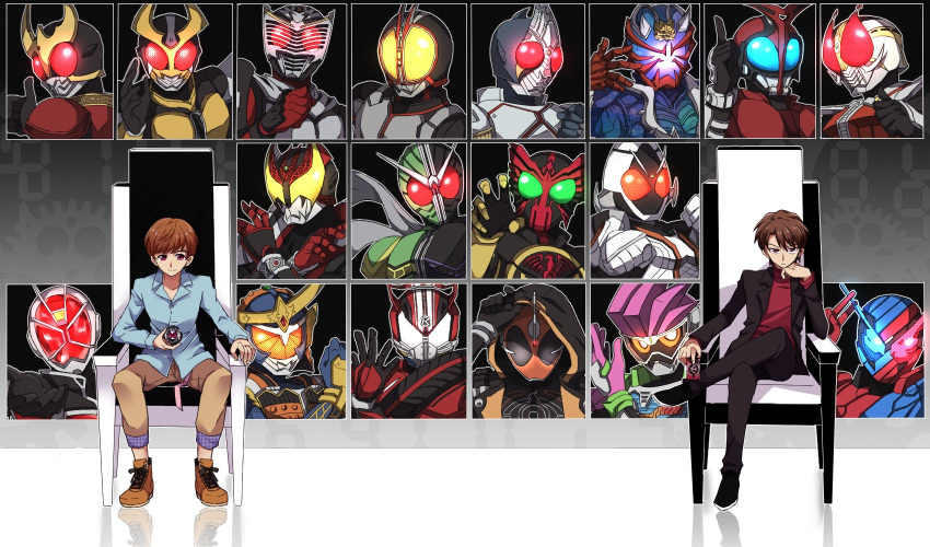 brown_hair card chin_rest glowing glowing_eyes highres hood kadoya_tsukasa kamen_rider kamen_rider_555 kamen_rider_agito kamen_rider_agito_(series) kamen_rider_blade kamen_rider_blade_(series) kamen_rider_build kamen_rider_build_(series) kamen_rider_dcd kamen_rider_den-o kamen_rider_den-o_(series) kamen_rider_double kamen_rider_drive kamen_rider_drive_(series) kamen_rider_ex-aid kamen_rider_ex-aid_(series) kamen_rider_faiz kamen_rider_fourze kamen_rider_fourze_(series) kamen_rider_gaim kamen_rider_gaim_(series) kamen_rider_ghost kamen_rider_ghost_(series) kamen_rider_hibiki kamen_rider_hibiki_(series) kamen_rider_kabuto kamen_rider_kabuto_(series) kamen_rider_kiva kamen_rider_kiva_(series) kamen_rider_kuuga kamen_rider_kuuga_(series) kamen_rider_ooo kamen_rider_ooo_(series) kamen_rider_ryuki kamen_rider_ryuki_(series) kamen_rider_w kamen_rider_wizard kamen_rider_wizard_(series) kamen_rider_zi-o_(series) legs_crossed pink_eyes pointing pointing_at_self pointing_up pose reaching_out scarf sitting smile throne thumbs_up tokiwa_sougo yoshino_(gunform)