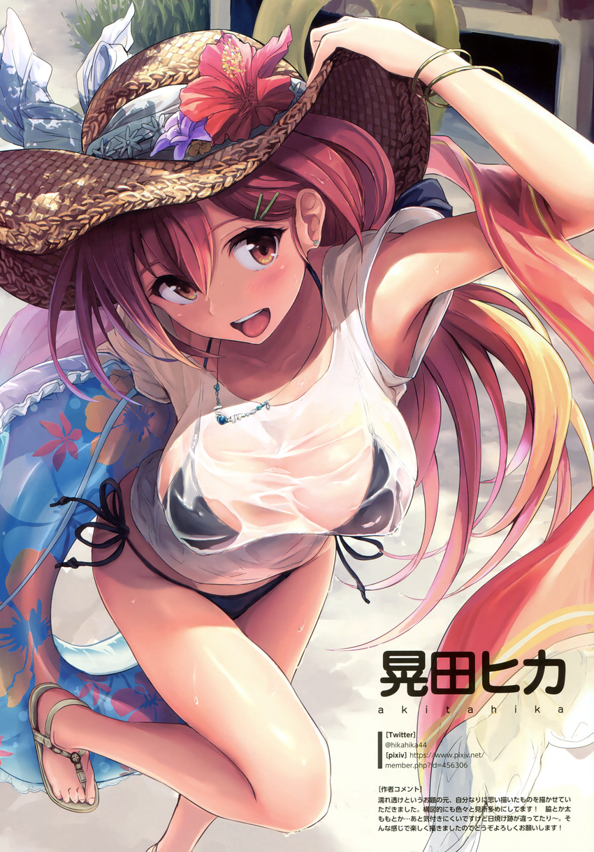 :d absurdres akita_hika arm_up armpits artist_name bikini black_bikini bracelet breasts brown_eyes copyright_request covered_nipples earrings from_above hair_between_eyes hand_on_headwear hat hat_ribbon highres innertube jewelry large_breasts long_hair necklace no_pants open_mouth outdoors pink_hair ribbon sandals scan see-through shiny shiny_skin shirt side-tie_bikini smile solo standing standing_on_one_leg straw_hat stud_earrings sweat swimsuit very_long_hair wet wet_clothes wet_shirt