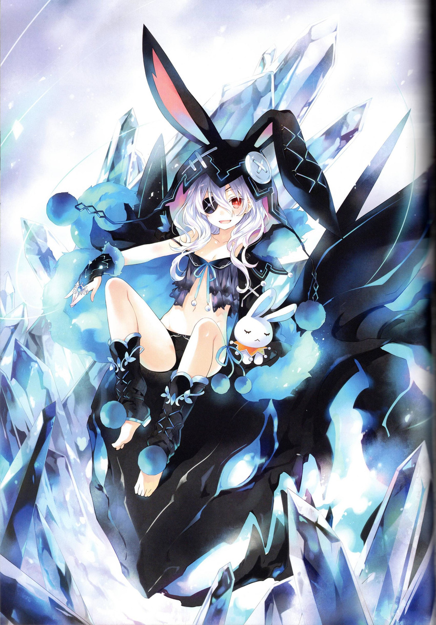 absurdres alternate_costume alternate_eye_color alternate_hair_color animal_hood barefoot black_panties bunny_hood dark_persona date_a_live eyepatch fingerless_gloves gloves hand_puppet highres hood ice ice_crystal jewelry navel official_art panties puppet red_eyes ring silver_hair smile tsunako underwear yoshino_(date_a_live) yoshinon