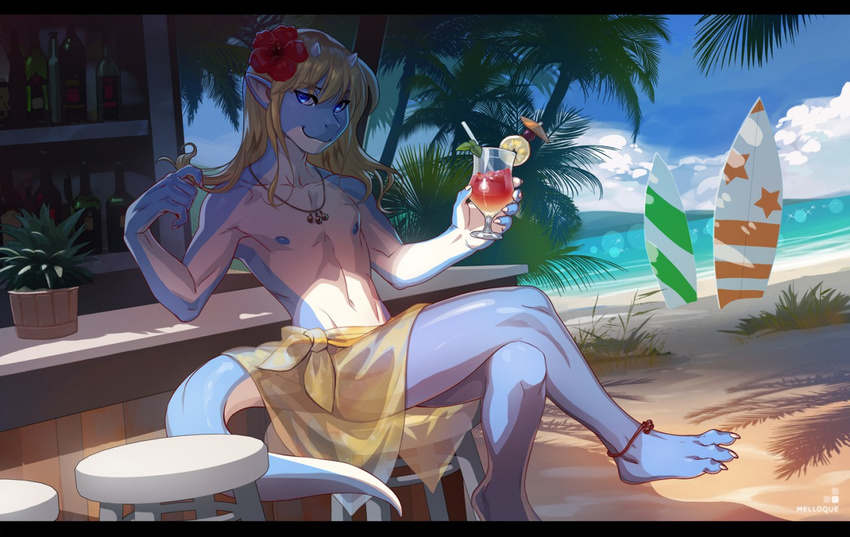 3_toes 5_finger anthro beach black_bars blonde_hair blue_eyes clothed clothing day detailed_background dragon girly hair holding_object male melloque navel nipples outside seaside sitting smile solo toes topless translucent transparent_clothing