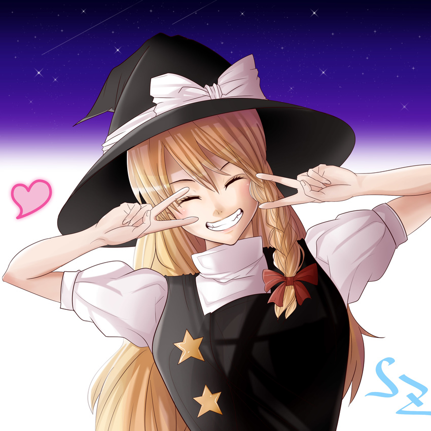 absurdres black_hat blonde_hair blush bow character_name closed_eyes cookie_(touhou) double_v eyebrows facing_viewer hair_bow hat hat_bow hat_ribbon heart highres kirisame_marisa long_hair parted_lips puffy_short_sleeves puffy_sleeves red_bow ribbon sakamochi short_sleeves smile solo suzu_(cookie) teeth touhou upper_body v white_bow white_ribbon witch_hat