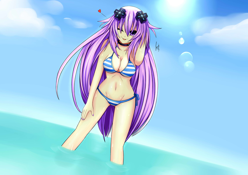 adult_neptune bikini blush breasts clavicle cowboy_shot cundodeviant d-pad eyebrows_visible_through_hair female flower gradient hair_between_eyes hair_ornament highres1girl long_hair looking_at_viewer medium_breasts midriff navel neptune_(series) one_eye_closed outdoors purple_eyes purple_hair shin_jigen_game_neptune_vii sky smile solo stomach swimsuit thigh_gap