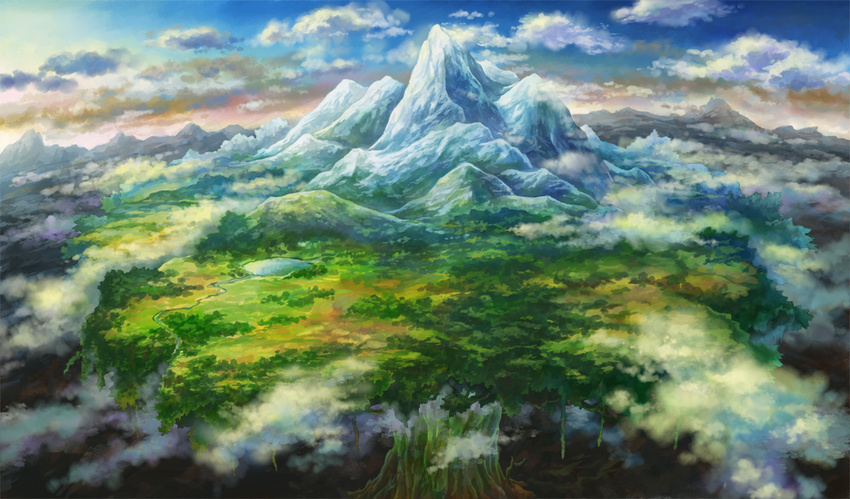 blue_sky cloud cloudy_sky commentary_request day fantasy field fog forest giant_tree kemi_neko lake landscape mountain nature no_humans original outdoors river scenery sky tree valley vocaloid