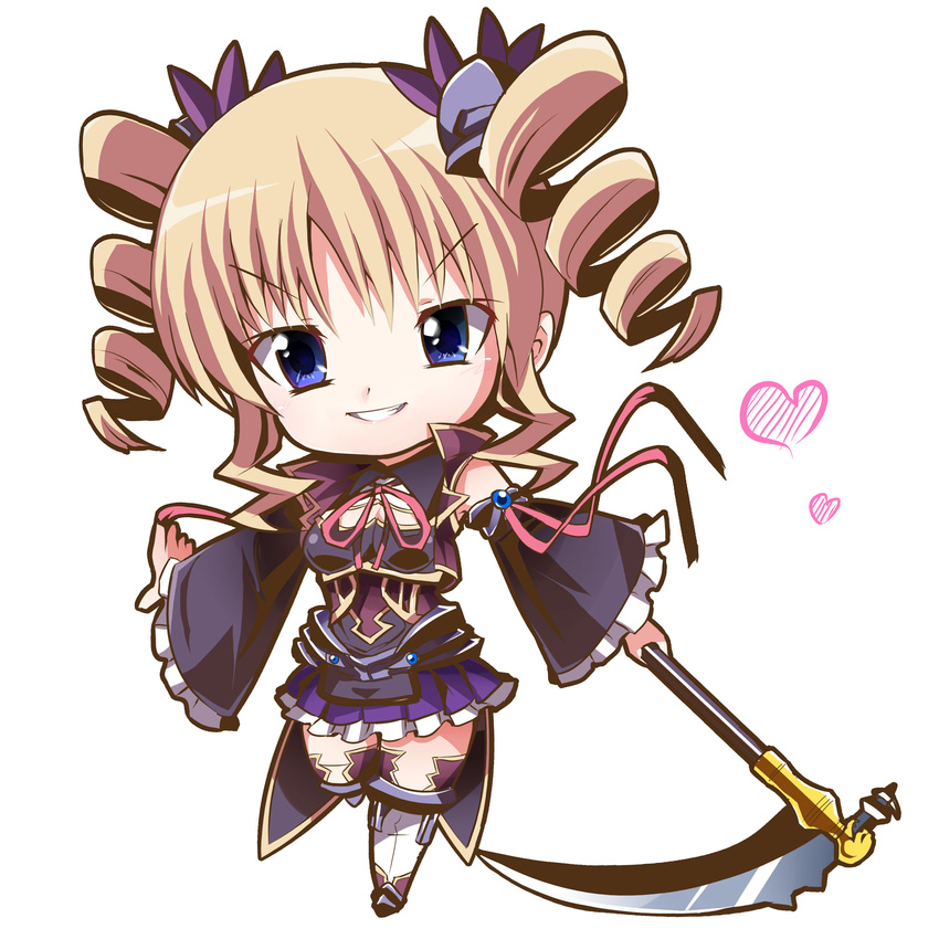 :d bangs black_sleeves blonde_hair blue_eyes breasts chibi cleavage cleavage_cutout commentary_request detached_sleeves drill_hair eyebrows_visible_through_hair frilled_skirt frilled_sleeves frills full_body hair_ornament heart highres holding holding_weapon koihime_musou long_hair looking_at_viewer medium_breasts neck_ribbon nenko open_mouth pleated_skirt purple_skirt red_ribbon ribbon scythe sidelocks skirt smile solo sousou standing teeth v-shaped_eyebrows weapon white_background white_legwear wide_sleeves