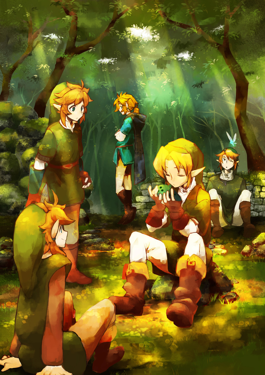 5boys absurdres aqua_shirt bad_id bad_pixiv_id belt blonde_hair blue_cape blue_eyes boots brown_footwear cape champion's_tunic_(zelda) closed_mouth commentary_request crossed_arms crossed_legs dappled_sunlight earrings fingerless_gloves forest gloves grass green_eyes green_shirt highres instrument jewelry layered_sleeves link long_hair long_sleeves looking_at_another looking_to_the_side looking_up male_focus medium_hair moss multiple_boys multiple_persona music nature navi ocarina one_eye_closed outdoors pants parted_lips path photoshop_(medium) playing_instrument pointy_ears ponytail red_gloves rinu road shirt short_over_long_sleeves short_sleeves sitting smile standing stone_wall sunlight the_legend_of_zelda the_legend_of_zelda:_a_link_to_the_past the_legend_of_zelda:_breath_of_the_wild the_legend_of_zelda:_ocarina_of_time the_legend_of_zelda:_skyward_sword the_legend_of_zelda:_twilight_princess wall white_pants white_shirt