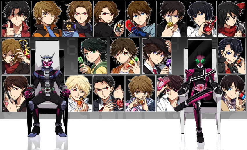 black_hair blonde_hair brown_hair fedora godai_yuusuke hat henshin_pose heterochromia hibiki_(kamen_rider_hibiki) hidari_shoutarou highres hino_eiji houjou_emu inui_takumi kamen_rider kamen_rider_555 kamen_rider_agito_(series) kamen_rider_blade_(series) kamen_rider_build_(series) kamen_rider_dcd kamen_rider_decade kamen_rider_den-o_(series) kamen_rider_drive_(series) kamen_rider_ex-aid_(series) kamen_rider_fourze_(series) kamen_rider_gaim_(series) kamen_rider_ghost_(series) kamen_rider_hibiki_(series) kamen_rider_kabuto_(series) kamen_rider_kiva_(series) kamen_rider_kuuga_(series) kamen_rider_ooo_(series) kamen_rider_ryuki_(series) kamen_rider_w kamen_rider_wizard_(series) kamen_rider_zi-o kamen_rider_zi-o_(series) kazuraba_kouta kenzaki_kazuma kidou_shinji kiryuu_sento kisaragi_gentarou kivat-bat_iii kurenai_wataru labcoat nogami_ryoutarou philip_(kamen_rider) pompadour pose scarf sitting smile souma_haruto tendou_souji tenkuuji_takeru throne thumbs_up tomari_shinnosuke tsugami_shouichi yoshino_(gunform)