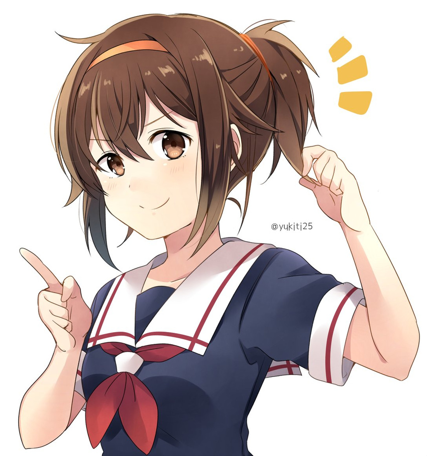 &gt;:) alternate_hairstyle brown_eyes brown_hair commentary_request hand_in_hair index_finger_raised kantai_collection neckerchief school_uniform serafuku shiratsuyu_(kantai_collection) short_ponytail smile solo twitter_username v-shaped_eyebrows white_background yukichi_(eikichi)