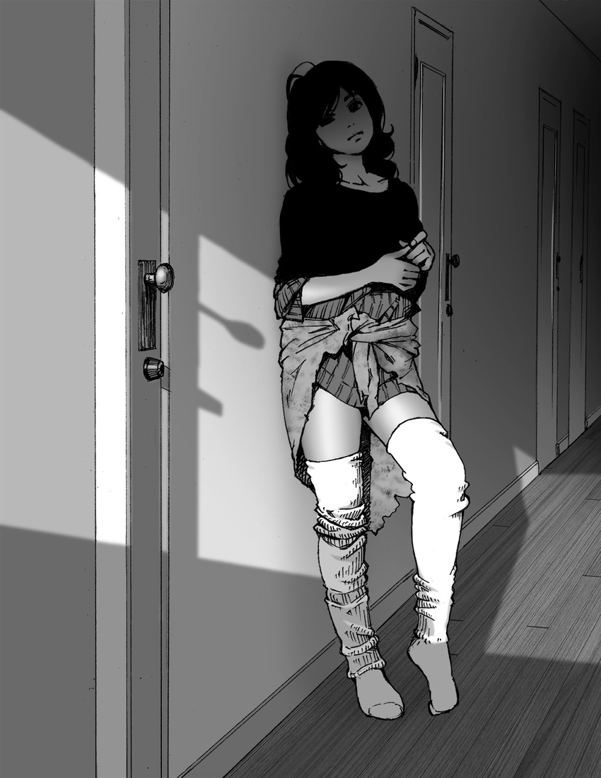 arched_soles clothes_around_waist collarbone commentary contrapposto door full_body greyscale hands_together head_tilt highres indoors leaning_back leg_warmers long_hair monochrome no_pants original shadow shirt socks solo standing striped striped_shirt suzushiro_(suzushiro333) thighhighs toe_scrunch twiddling_fingers vertical-striped_shirt vertical_stripes wall