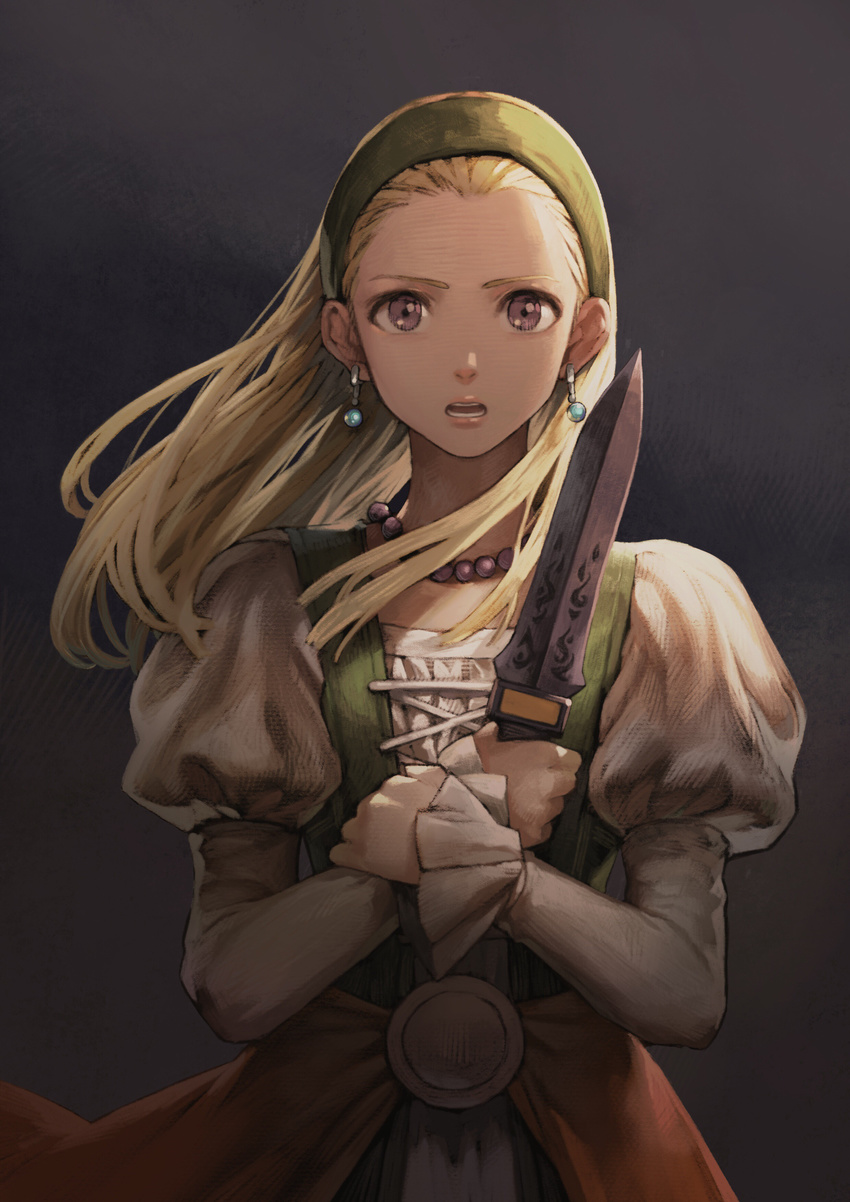 absurdres blonde_hair commentary_request dagger dragon_quest dragon_quest_xi dress earrings fantasy floating_hair forehead frilled_sleeves frills green_hairband hair_pulled_back hairband hands_on_own_chest highres holding holding_weapon jewelry juliet_sleeves jun_(seojh1029) lips long_hair long_sleeves looking_at_viewer necklace open_mouth pearl_necklace puffy_sleeves purple_background purple_eyes senya_(dq11) simple_background solo upper_body weapon white_dress wind