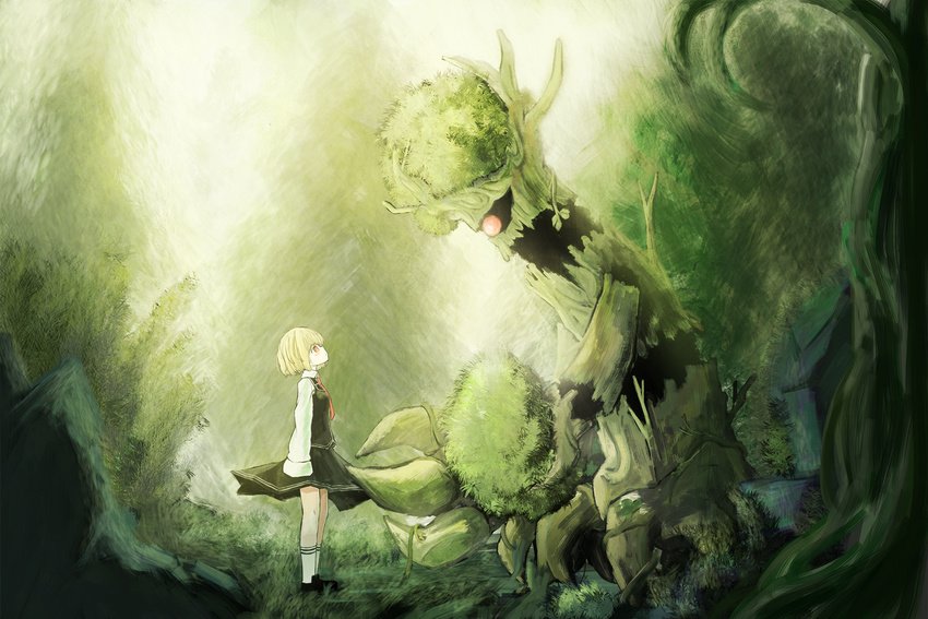 arms_at_sides black_footwear black_skirt blonde_hair eye_contact gen_6_pokemon green looking_at_another outdoors pokemon pokemon_(creature) profile red_eyes rumia sarise0916 shoes skirt socks standing touhou trevenant