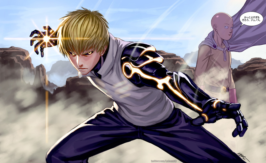 absurdres bald bangs belt black_sclera blonde_hair blue_cape blue_pants cape closed_mouth commentary_request cyborg day dust frown genos gloves highres long_sleeves looking_at_another looking_at_viewer male_focus mechanical_arm multiple_boys one-punch_man outdoors pants parted_lips red_gloves rejean_dubois saitama_(one-punch_man) shirt short_sleeves signature speech_bubble translated twitter_username white_shirt yellow_eyes yellow_pants yellow_shirt