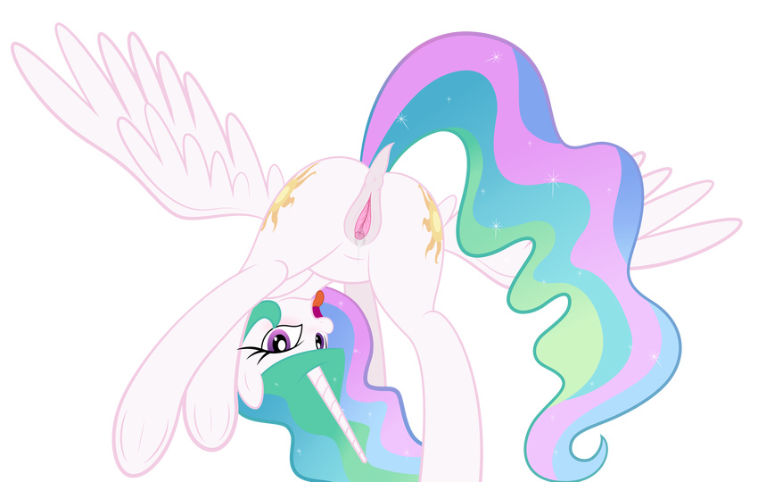 2017 alpha_channel animal_genitalia animal_pussy anus butt clitoral_winking clitoris cutie_mark equine equine_pussy feathered_wings feathers female feral friendship_is_magic hair horn looking_at_viewer looking_back mammal multicolored_hair my_little_pony princess_celestia_(mlp) purple_eyes pussy rainbownspeedash royalty seductive simple_background solo transparent_background white_feathers winged_unicorn wings