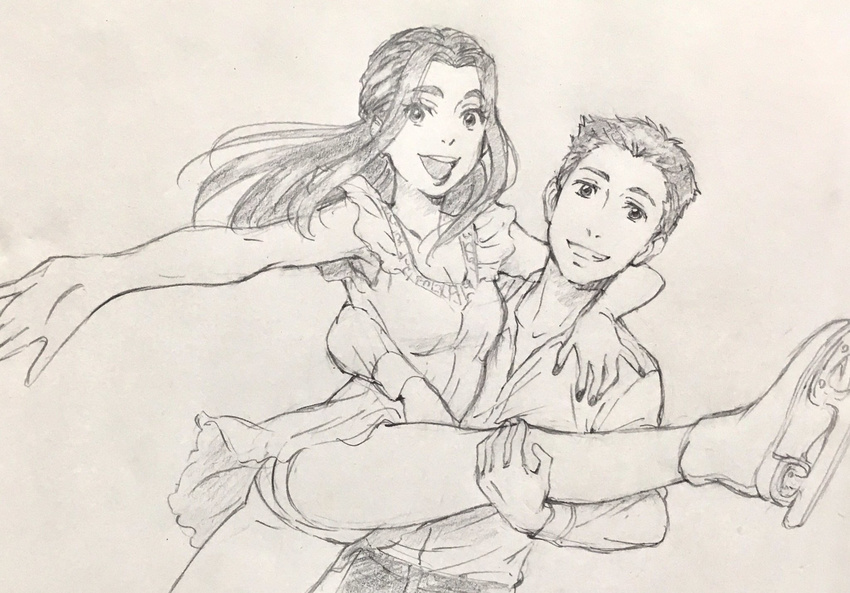 1girl arm_around_neck brother_and_sister dress graphite_(medium) grin highres ice_skates itou_noriko leg_lift looking_at_viewer michele_crispino monochrome official_art open_mouth outstretched_arm sara_crispino siblings skates smile traditional_media twins yuri!!!_on_ice