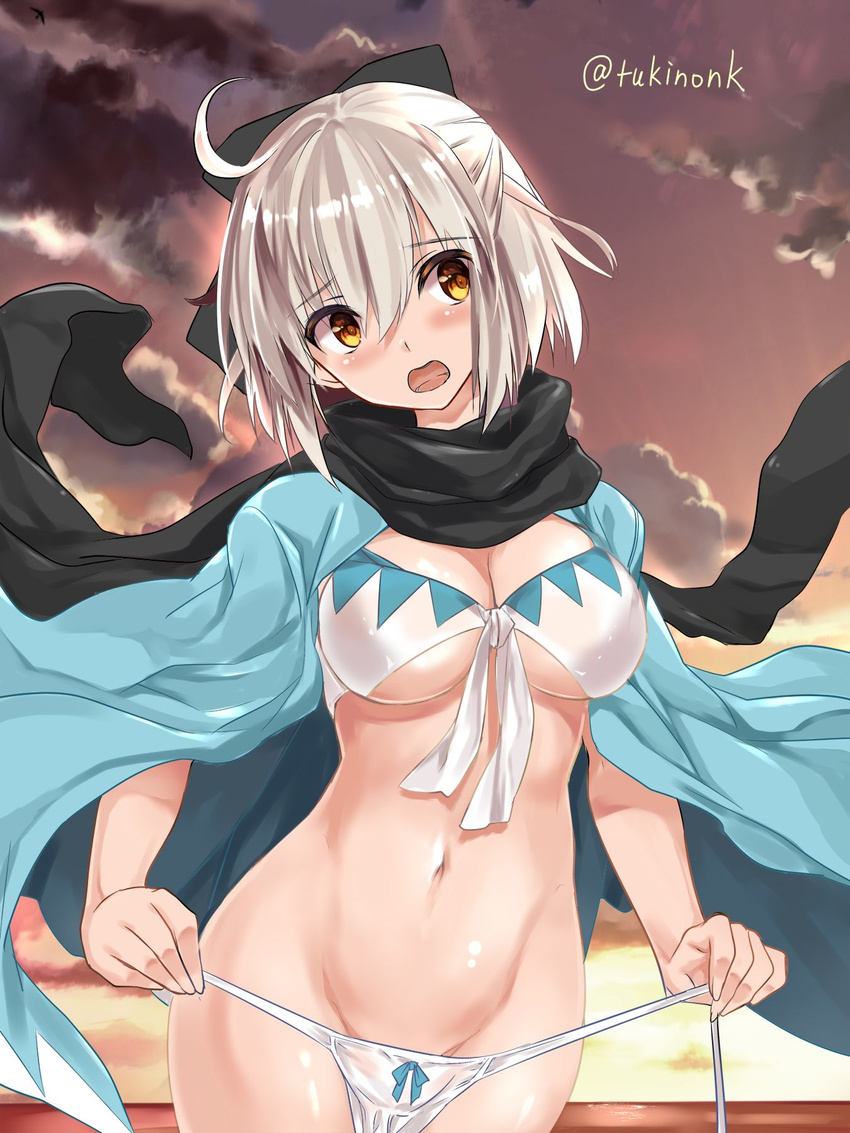 adapted_costume ahoge bikini black_bow black_scarf blonde_hair blush bow breasts cleavage cloud fate/grand_order fate_(series) front-tie_top hair_bow haori highres japanese_clothes koha-ace medium_breasts okita_souji_(fate) okita_souji_(fate)_(all) open_clothes open_mouth scarf short_hair sky solo swimsuit tsukinon twilight underboob untied untied_bikini untying yellow_eyes