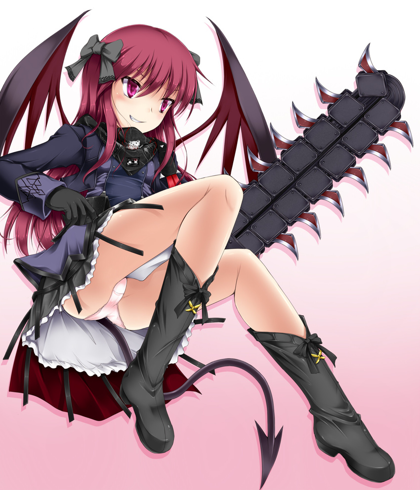 bangs black_gloves black_ribbon black_skirt black_wings boots chainsaw character_request demon_girl demon_tail demon_wings emil_chronicle_online gloves gradient gradient_background grey_footwear grin hair_between_eyes hair_ribbon highres jacket knee_boots leg_up long_hair long_sleeves looking_away panties pantyshot pink_background pink_eyes pink_panties purple_jacket red_hair red_wings ribbon shimo_(depthbomb) sidelocks skirt smile smirk solo tail underwear wings