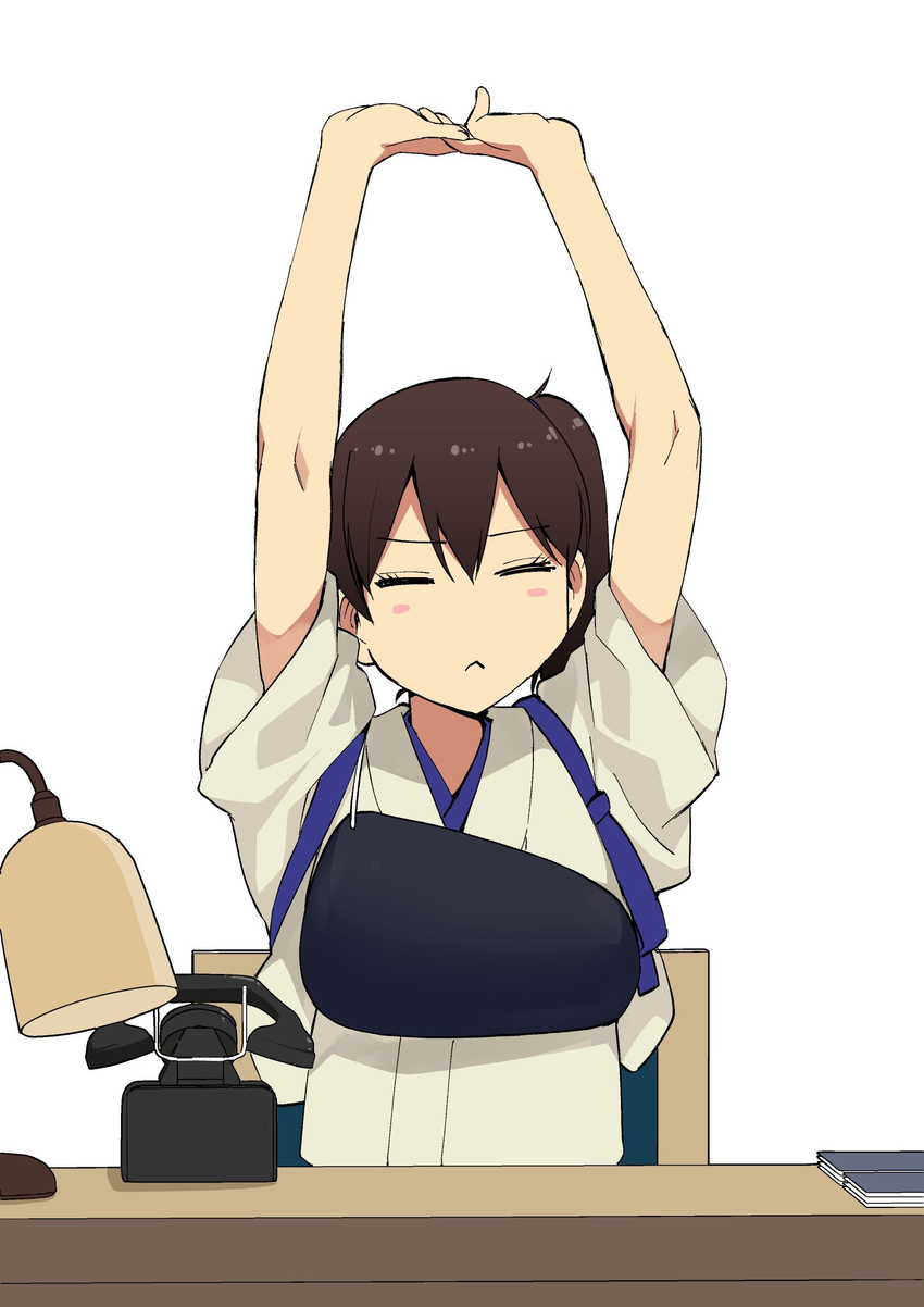 :&lt; arms_up blush_stickers brown_hair closed_eyes commentary_request desk desk_lamp hair_between_eyes highres japanese_clothes kaga_(kantai_collection) kantai_collection lamp masukuza_j muneate no_nose phone rotary_phone short_hair short_sleeves side_ponytail simple_background solo stretch tasuki upper_body white_background