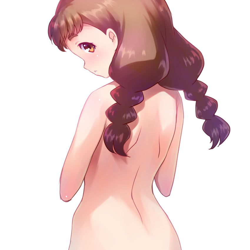 arisugawa_himari back braid brown_eyes brown_hair from_behind highres kirakira_precure_a_la_mode long_hair looking_at_viewer looking_back nude precure sayousuke simple_background solo twin_braids twintails white_background