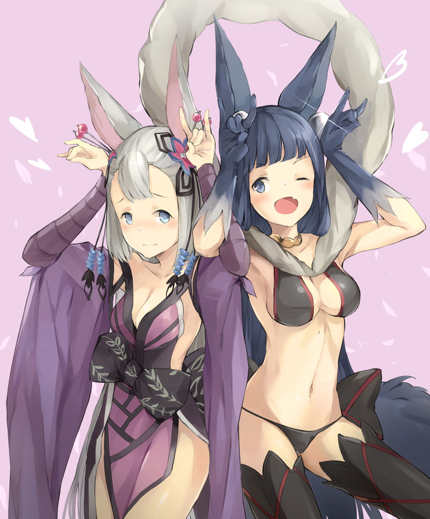 ;d animal_ears bikini black_bikini black_hair black_legwear blue_eyes blush breasts cleavage closed_mouth collarbone commentary detached_sleeves erune eyebrows_visible_through_hair fang fox_ears fox_shadow_puppet fox_tail gloves granblue_fantasy hair_ornament heart highres locked_arms long_hair looking_at_viewer medium_breasts multiple_girls navel one_eye_closed open_mouth perorin pink_background pose sideboob silver_hair smile socie_(granblue_fantasy) sparkle swimsuit tail thighhighs v-shaped_eyebrows very_long_hair yuel_(granblue_fantasy)