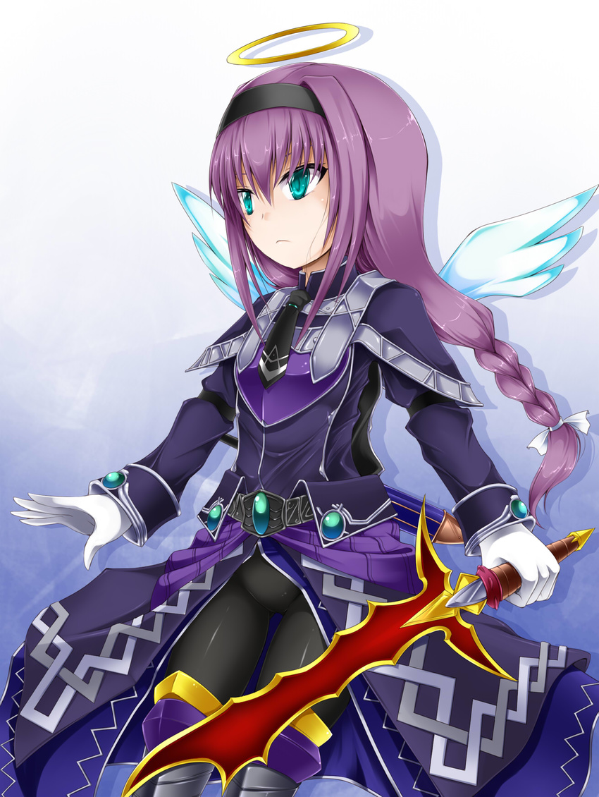 angel_wings armor ass_visible_through_thighs bangs black_hairband black_legwear black_neckwear blue_background character_request closed_mouth commentary_request emil_chronicle_online gem gloves gradient gradient_background green_eyes hair_between_eyes hairband halo highres holding holding_sword holding_weapon jacket long_hair long_sleeves looking_away necktie pantyhose pauldrons ponytail purple_hair purple_jacket ribbon shadow shimo_(depthbomb) shiny shiny_clothes shiny_hair sidelocks solo standing sword waist_cape weapon white_background white_gloves white_ribbon white_wings wings