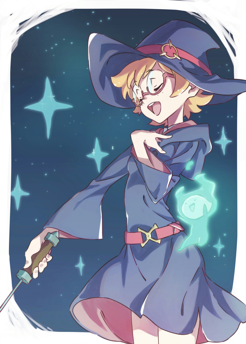 belt closed_eyes freckles glasses hat highres hooded_robe little_witch_academia lotte_jansson magic music open_mouth orange_hair pink-framed_eyewear robe semi-rimless_eyewear short_hair singing solo star tama_(tama-s) under-rim_eyewear wand wide_sleeves witch witch_hat