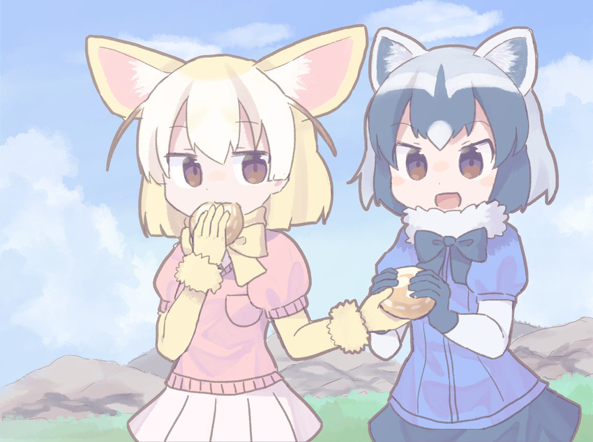 :d animal_ears black_bow black_gloves black_hair black_neckwear black_skirt blonde_hair blue_shirt bow bowtie breast_pocket brown_eyes cloud colo_(frypan_soul) common_raccoon_(kemono_friends) day eating extra_ears fennec_(kemono_friends) food food_in_mouth fox_ears fur_collar giving gloves grey_hair highres holding holding_food japari_bun kemono_friends looking_at_another miniskirt mountain multicolored_hair multiple_girls muted_color open_mouth outdoors pink_sweater pleated_skirt pocket raccoon_ears shirt short_hair short_sleeve_sweater short_sleeves skirt sky smile sweater white_skirt yellow_bow yellow_gloves yellow_neckwear