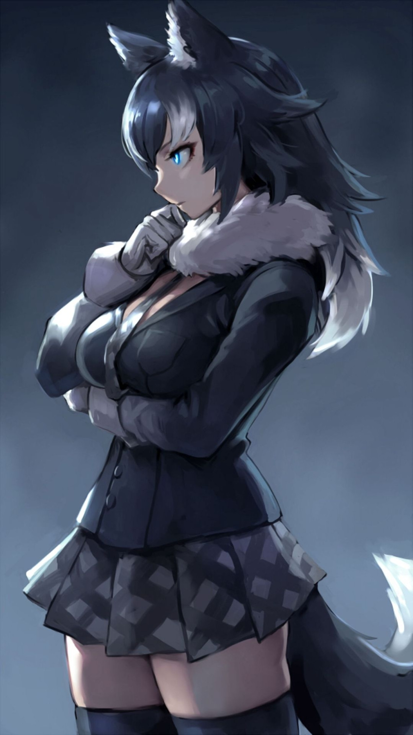 1girl animal_ears black_hair black_legwear blazer blue_eyes breast_hold breast_pocket breasts cowboy_shot from_side fur_collar fur_trim gloves glowing glowing_eye grey_wolf_(kemono_friends) hand_to_own_mouth highres jacket kemono_friends large_breasts long_hair looking_away multicolored_hair necktie oopartz_yang pleated_skirt pocket skirt solo tail thighhighs two-tone_hair white_gloves wolf_ears wolf_girl wolf_tail
