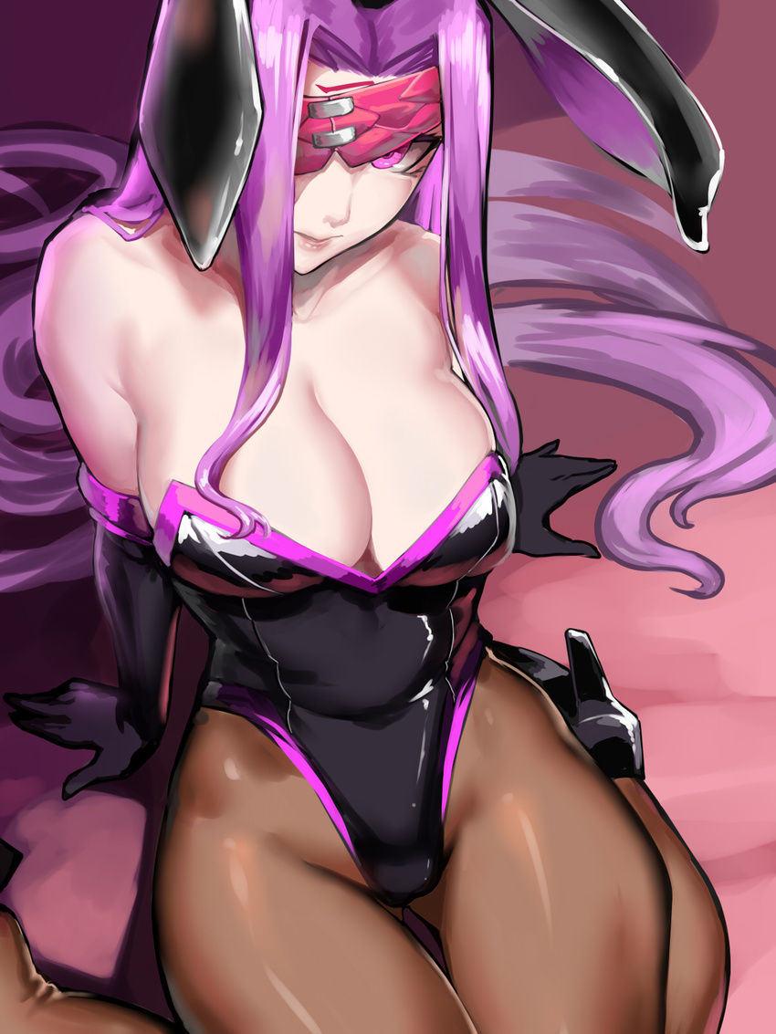 animal_ears bare_shoulders black_footwear black_gloves black_legwear blindfold breasts bunny_ears bunnysuit cleavage fake_animal_ears fate/stay_night fate_(series) from_above gloves high_heels highleg highleg_leotard highres kumiko_shiba large_breasts leotard lips long_hair looking_at_viewer one_eye_covered pantyhose purple_eyes purple_hair rider shoes sitting solo very_long_hair wariza