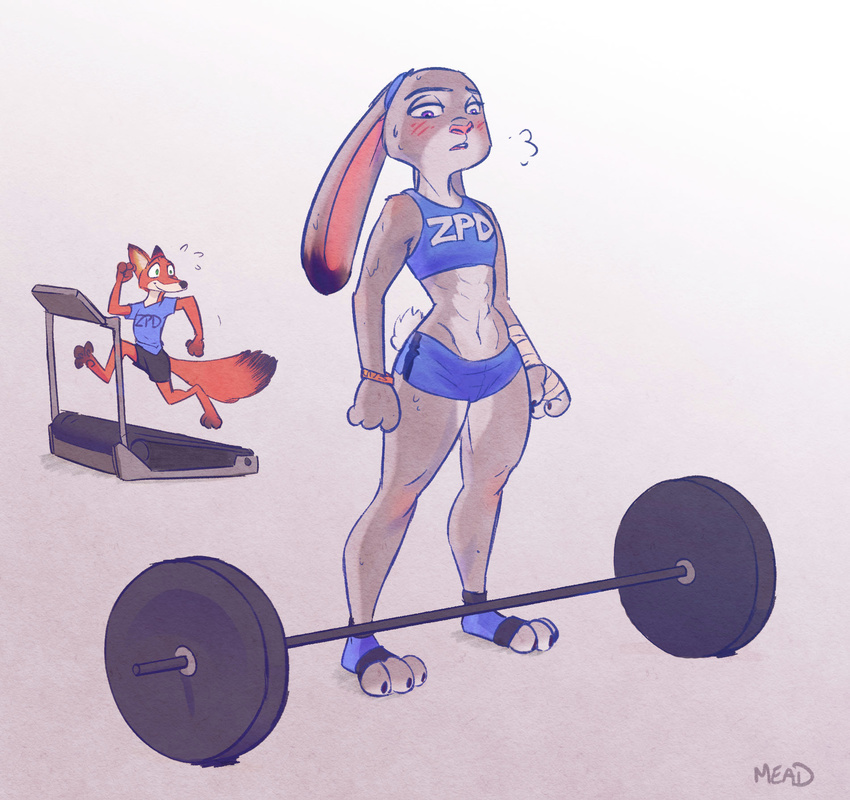 abs anthro belly blush canine clothing disney duo exercise female fox fur gym hi_res judy_hopps lagomorph legwear long_ears male mammal mistermead muscular muscular_female nick_wilde rabbit running simple_background smile sweat treadmill weights wet workout zootopia