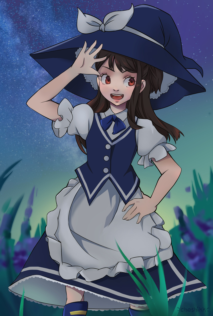 absurdres boots brown_hair cheshikk cosplay dress hat highres kagari_atsuko kirisame_marisa kirisame_marisa_(cosplay) little_witch_academia long_hair open_mouth red_eyes smile solo standing touhou witch_hat