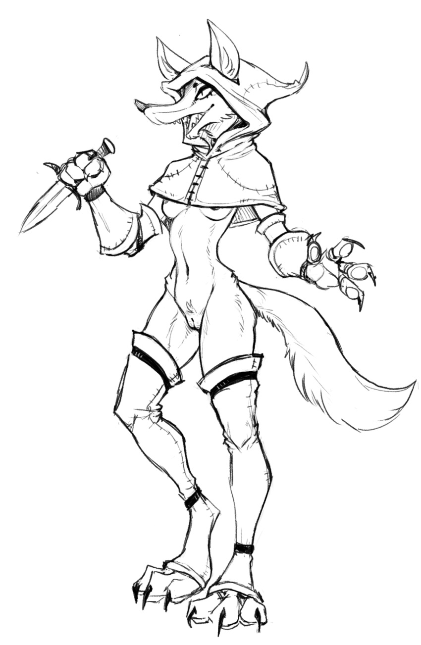 2018 anthro areola breasts canine claws clothing dagger digitigrade female fur gloves guoh hood leggings legwear mammal melee_weapon monochrome mostly_nude pawpads simple_background sketch smile solo weapon white_background wolf