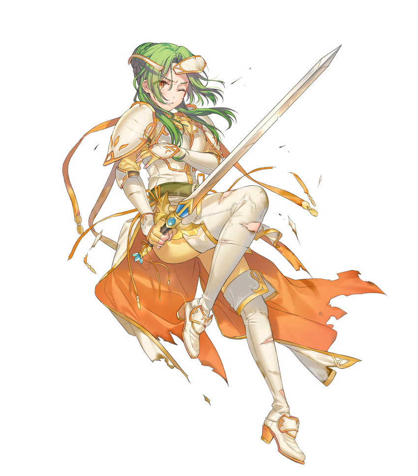 amiti armor bangs belt boots breastplate brown_eyes cape elbow_gloves elincia_ridell_crimea eyebrows_visible_through_hair fingerless_gloves fire_emblem fire_emblem:_souen_no_kiseki fire_emblem_heroes full_body gloves green_hair highres holding holding_sword holding_weapon kippu long_hair official_art one_eye_closed shoulder_armor shoulder_pads solo sword thigh_boots thighhighs tiara torn_clothes torn_legwear transparent_background weapon