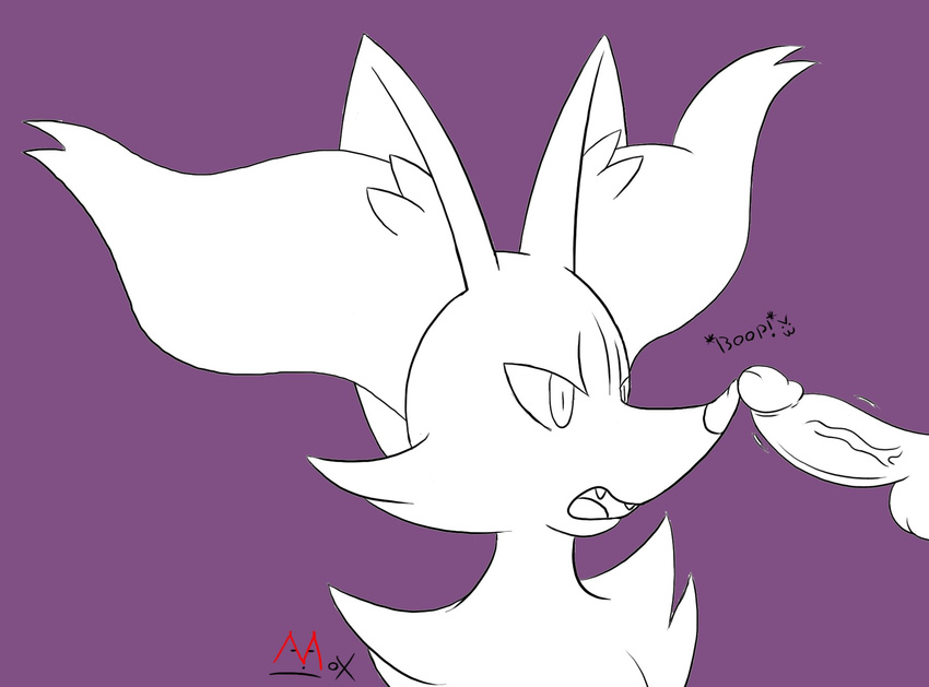 ambiguous_gender anthro balls boop braixen fangs humanoid_penis inner_ear_fluff male male/ambiguous moxlewd nintendo open_mouth penis pok&eacute;mon purple_background simple_background surprise uncensored video_games