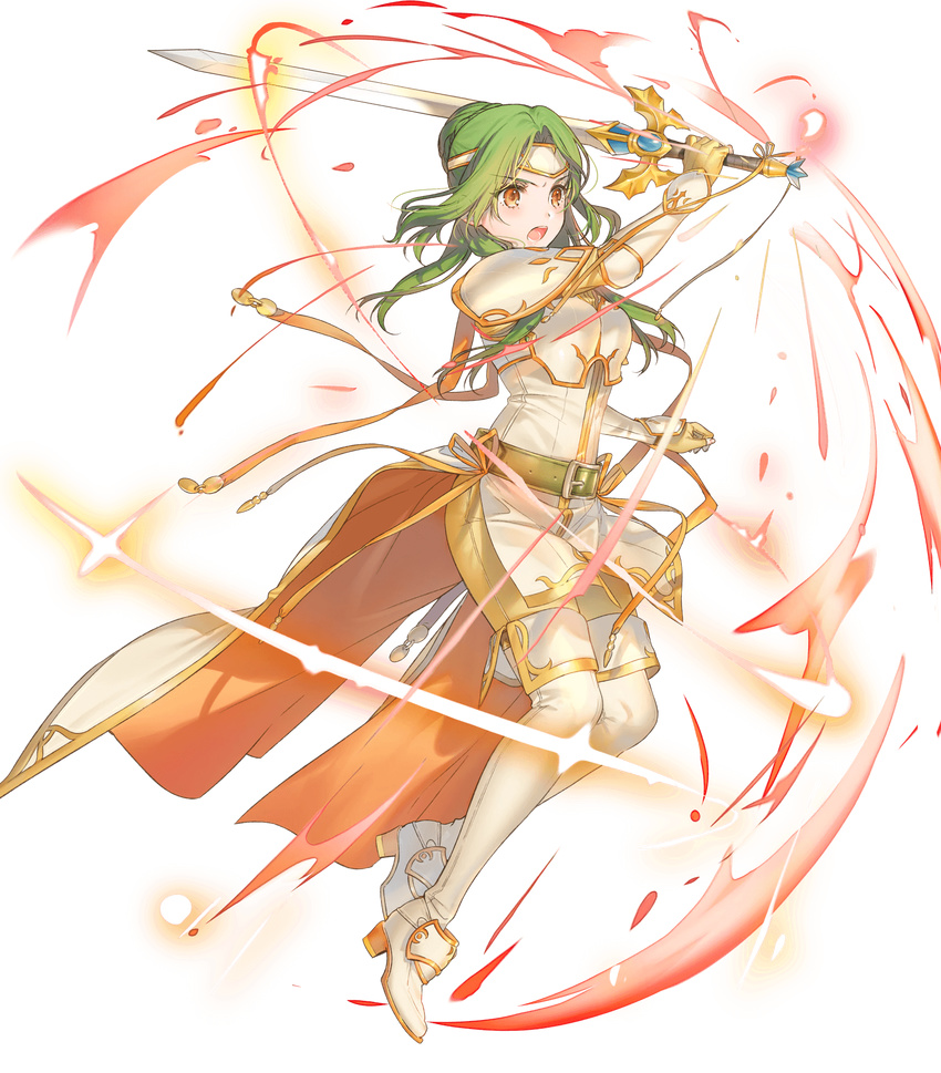 amiti armor bangs belt boots breastplate brown_eyes cape elbow_gloves elincia_ridell_crimea eyebrows_visible_through_hair fingerless_gloves fire_emblem fire_emblem:_souen_no_kiseki fire_emblem_heroes full_body gloves green_hair highres holding holding_sword holding_weapon kippu long_hair official_art open_mouth shoulder_armor shoulder_pads solo sword thigh_boots thighhighs tiara transparent_background weapon