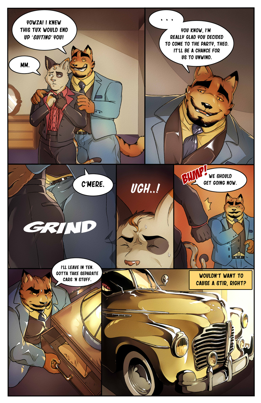 annoyed bulge captian_nikko car comic dressed_up english_text facial_hair formal grinding invalid_tag male male/male open_mouth professional rejected smile suit_and_tie sweat text theo_hightower vehicle