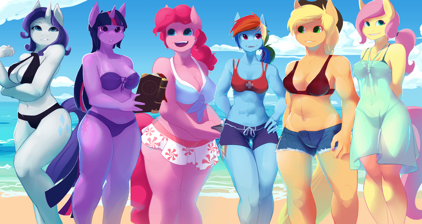 2015 anthro anthrofied applejack_(mlp) beach bikini blonde_hair blue_eyes blue_skin book breast_size_difference breasts cleavage clothed clothing cloud cowboy_hat cutie_mark denim_shorts earth_pony equine female fluttershy_(mlp) friendship_is_magic green_eyes group hair hand_on_hip hands_behind_back hat holding_book holding_object horn horse long_hair mammal multicolored_hair my_little_pony navel open_mouth open_smile orange_skin outside pink_hair pink_skin pinkie_pie_(mlp) pony purple_eyes purple_hair purple_skin rainbow_dash_(mlp) rainbow_hair rarity_(mlp) seaside seyrii shorts skimpy sky small_breasts smile standing suntan swimsuit tan_line thick_thighs translucent transparent_clothing twilight_sparkle_(mlp) unicorn water white_skin wide_hips yellow_skin