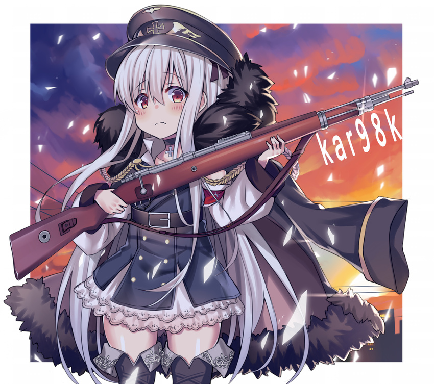 aiguillette bangs belt black_dress black_footwear black_legwear blush bolt_action boots brown_eyes character_name child closed_mouth commentary_request cowboy_shot dress evening eyebrows_visible_through_hair fur_trim girls_frontline google_(asdek18) grey_hair gun hair_between_eyes hat highres holding holding_gun holding_weapon iron_cross jacket_on_shoulders kar98k_(girls_frontline) looking_at_viewer mauser_98 military military_uniform outdoors peaked_cap rifle short_dress solo thigh_boots thighhighs uniform weapon white_hair yellow_eyes younger