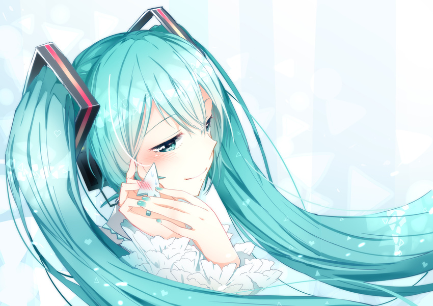 agonasubi blue_eyes blue_hair blue_nails blush cursor electric_angel_(vocaloid) floating_hair hair_between_eyes hair_ornament hatsune_miku headphones long_hair nail_polish portrait smile solo twintails very_long_hair vocaloid