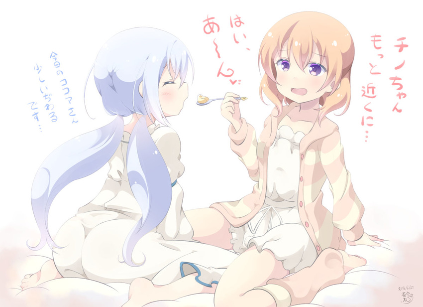 aosora_neko artist_name ass bad_id bad_pixiv_id bangs barefoot bed_sheet blush buttons closed_eyes collarbone commentary dated dress eyebrows_visible_through_hair feeding flat_chest food from_behind gochuumon_wa_usagi_desu_ka? hair_between_eyes holding holding_spoon hood hooded_jacket hoto_cocoa jacket kafuu_chino leg_warmers long_hair long_sleeves looking_at_another loungewear multiple_girls open_mouth orange_hair purple_eyes shirt shorts sidelocks signature sitting soles spoon striped_jacket toes translated twintails wariza wavy_mouth white_background white_dress white_shirt white_shorts