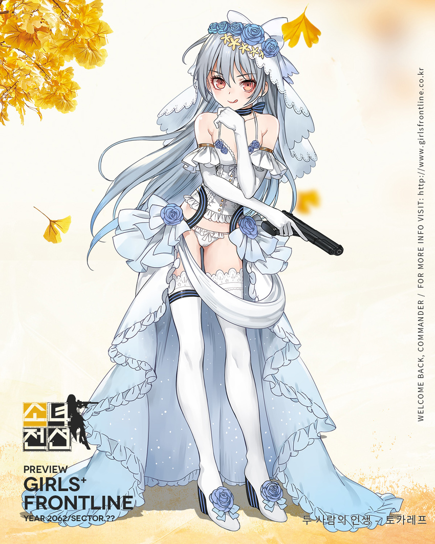 :q bangs blue_dress blue_flower blue_rose blush boots brown_eyes character_name closed_mouth collarbone copyright_name corset dress elbow_gloves eyebrows_visible_through_hair flower ginkgo ginkgo_leaf girls_frontline gloves gun haijin hair_between_eyes hand_up handgun high_heel_boots high_heels highres holding holding_gun holding_weapon korean lace lace-trimmed_thighhighs leaf lingerie long_hair looking_at_viewer official_art panties pistol rose shadow silver_hair smile solo thigh_boots thighhighs tokarev_(girls_frontline) tongue tongue_out trigger_discipline underwear veil very_long_hair weapon white_gloves white_panties