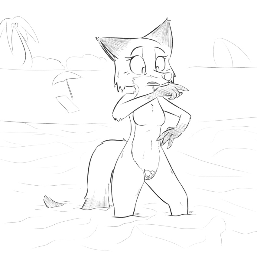 2016 anthro beach breasts canine disney featureless_breasts female fox fur hi_res mammal mature_female monochrome mrs_wilde nude outside partially_submerged pubes pussy seaside solo standing visiti water zootopia