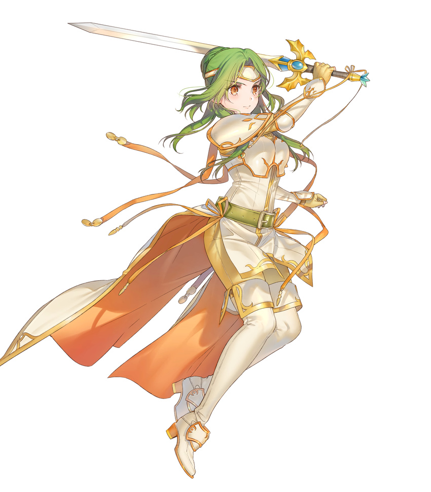 amiti armor bangs belt boots breastplate brown_eyes cape elbow_gloves elincia_ridell_crimea eyebrows_visible_through_hair fingerless_gloves fire_emblem fire_emblem:_souen_no_kiseki fire_emblem_heroes full_body gloves green_hair highres holding holding_sword holding_weapon kippu long_hair official_art shoulder_armor shoulder_pads solo sword thigh_boots thighhighs tiara transparent_background weapon