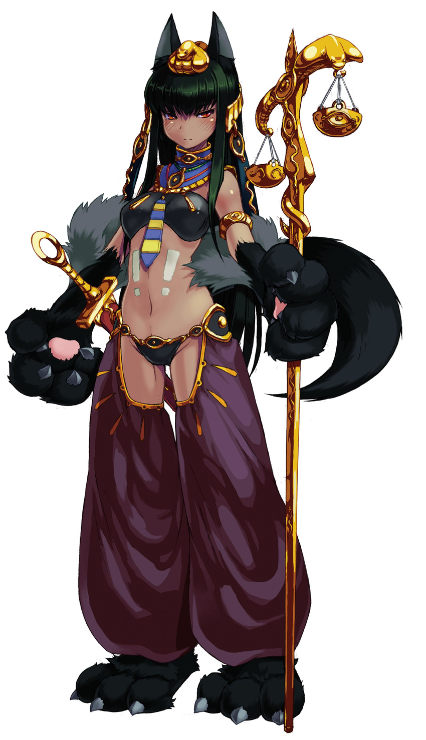 absurdres animal_ears anubis_(monster_girl_encyclopedia) balance_scale dark_green_hair dark_skin dog_ears egyptian egyptian_mythology enty_reward full_body green_hair highres jackal kenkou_cross long_hair looking_at_viewer monster_girl monster_girl_encyclopedia navel official_art paid_reward paws red_eyes sheath sheathed simple_background solo staff sword tail weapon weighing_scale white_background