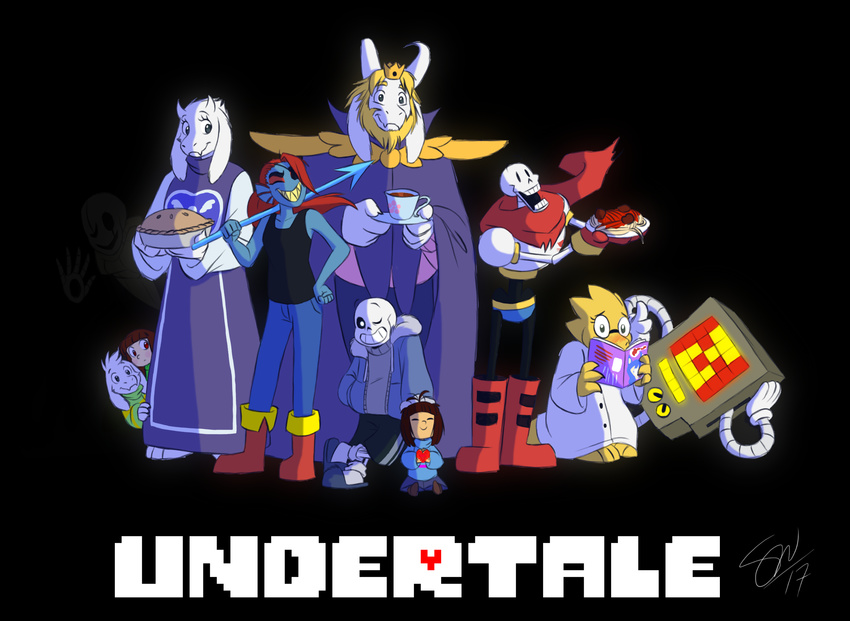 &lt;3 alphys animated_skeleton asgore_dreemurr asriel_dreemurr beard black_background blush bone boss_monster caprine chara_(undertale) child crown delta_rune english_text facial_hair father fish food fur goat horn human lizard long_ears machine magazine mammal marine melee_weapon mettaton mother papyrus_(undertale) parent pasta polearm protagonist_(undertale) reptile robot sans_(undertale) scalie simple_background skeleton spaghetti stripes tc-96 text toriel undead undertale undyne video_games weapon white_fur young