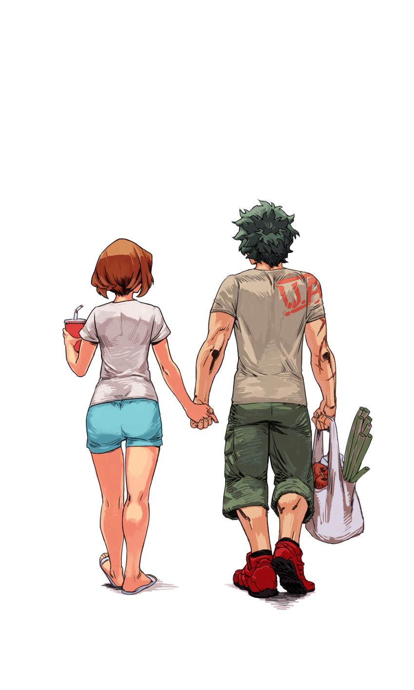 1girl apple archvermin ass bag bendy_straw blue_shorts boku_no_hero_academia brown_hair casual commentary cup disposable_cup drinking_glass drinking_straw facing_away food from_behind fruit full_body green_hair green_shorts groceries grocery_bag highres holding_hands midoriya_izuku red_footwear sandals scar shirt shoes shopping_bag short_hair short_sleeves shorts simple_background spring_onion t-shirt uraraka_ochako walking white_background