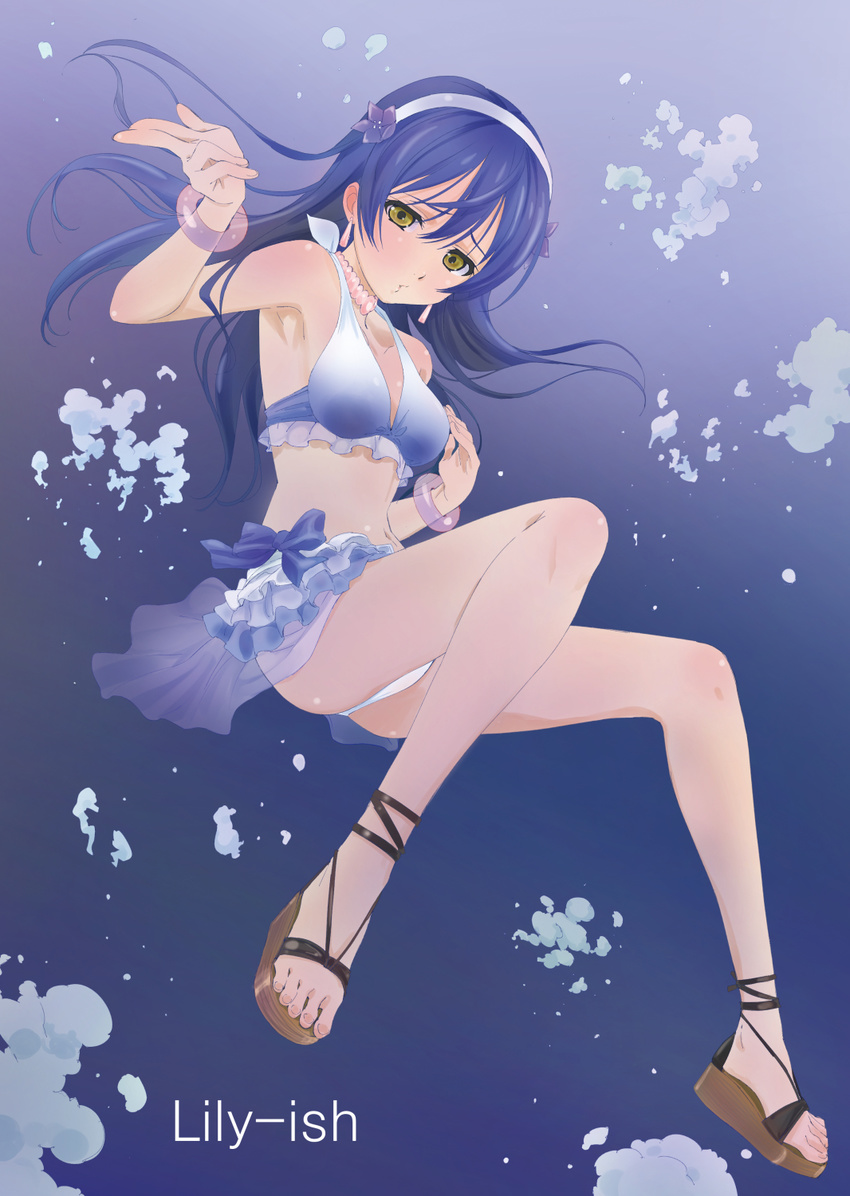 bangs bikini blown_kiss blue_hair blue_ribbon bubble earrings flower hair_ornament hairband highres jewelry long_hair looking_at_viewer love_live! love_live!_school_idol_project natsuiro_egao_de_1_2_jump! navel ribbon sandals see-through solo sonoda_umi submerged swimsuit tani_takuya text_focus underwater wristband yellow_eyes