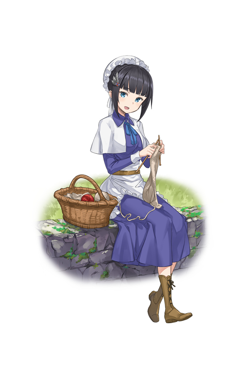 :d bangs basket black_hair blue_eyes blunt_bangs boots brown_footwear capelet cross-laced_footwear full_body grass hair_ornament hair_up highres josie_rosebud knitting knitting_needle lace-up_boots looking_at_viewer maid_cap makaria mole mole_under_eye needle official_art on_wall open_mouth princess_principal princess_principal_game_of_mission sitting smile solo transparent_background yarn yarn_ball