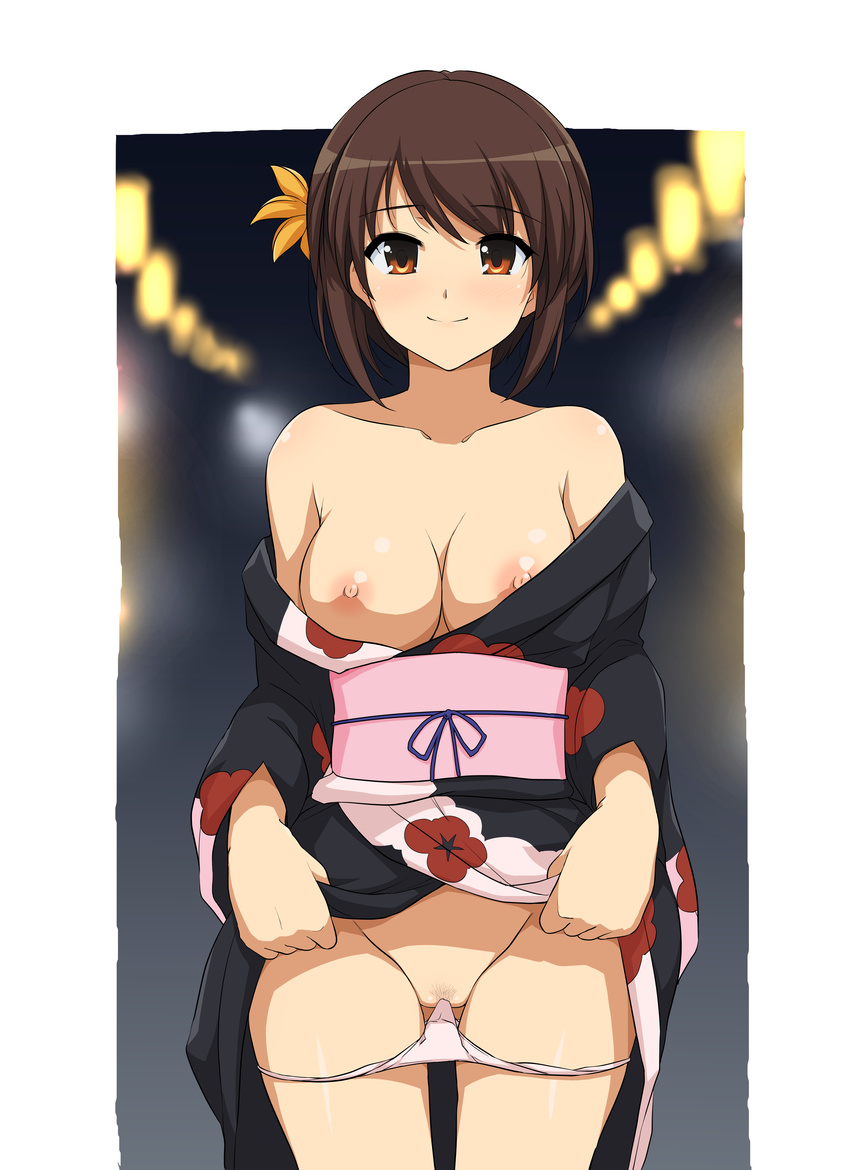 absurdres alternate_hairstyle bangs breasts breasts_outside brown_eyes brown_hair clothes_lift collarbone flower hair_flower hair_ornament haruhisky highres japanese_clothes kimono kimono_lift lantern looking_at_viewer medium_breasts nipples off_shoulder paid_reward panties panty_pull patreon_reward pink_panties pussy_hold short_hair smile suzumiya_haruhi suzumiya_haruhi_no_yuuutsu underwear undressing yukata yukata_lift